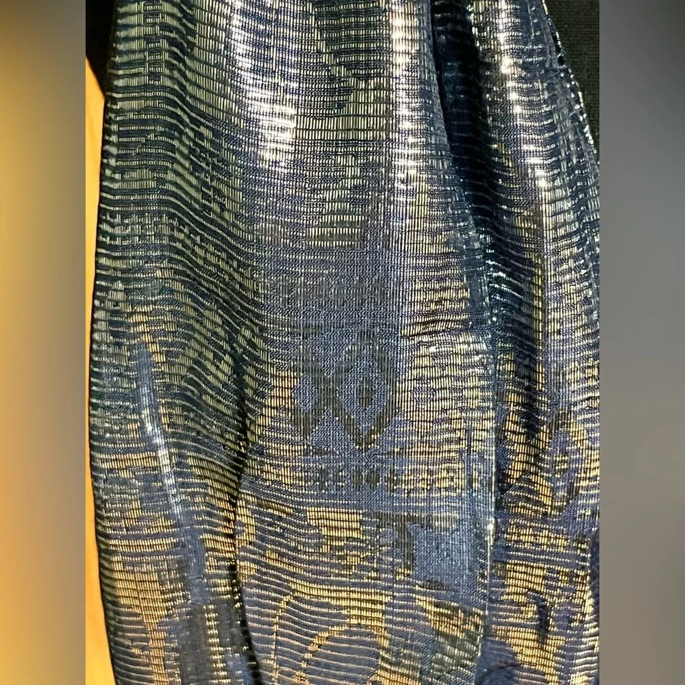 Vintage Navy Blue Silk Metallic Shimmer Scarf Wrap Evening Shawl Fringe Holiday